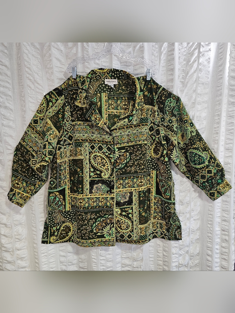 Brylane Women Collection Green & Gold Paisley Button-Up Blouse Top 3X
